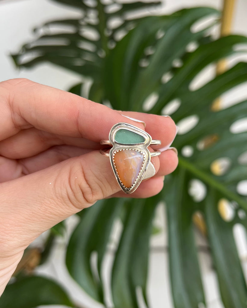 Triangle Opal & Sea Glass Ring on double silver band, size 7.5