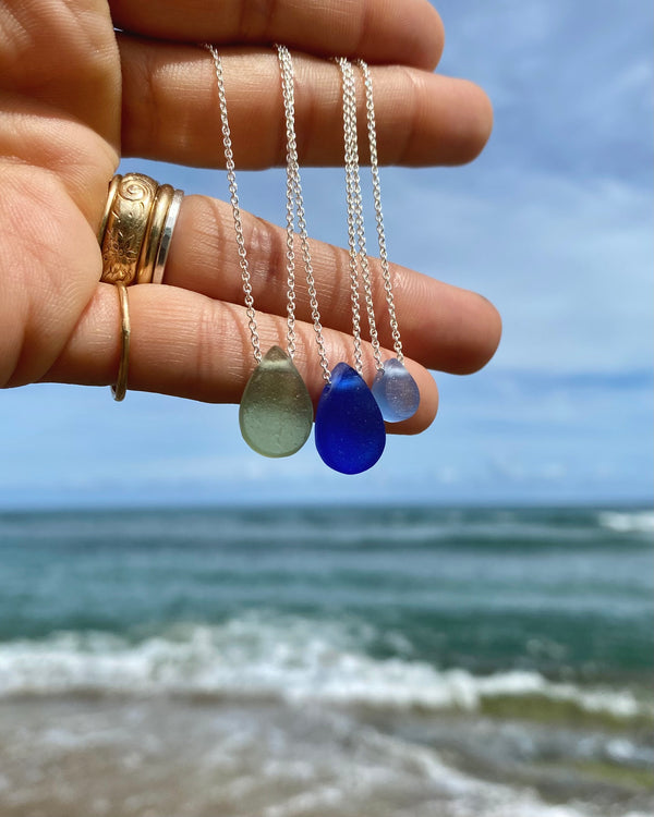 sea glass ocean drop necklaces in sterling silver