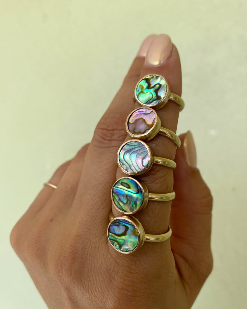 magic ocean abalone rings in gold, ready to ship, sizes 5-9