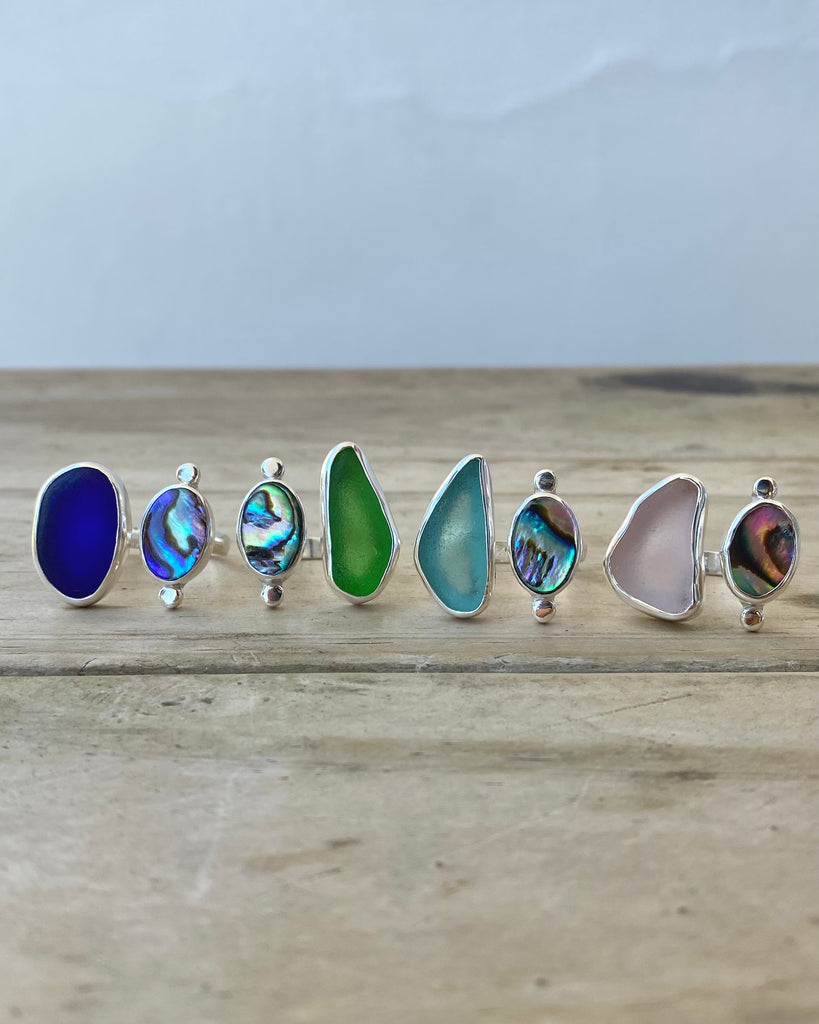 abalone + sea glass rings in sterling silver, adjustable