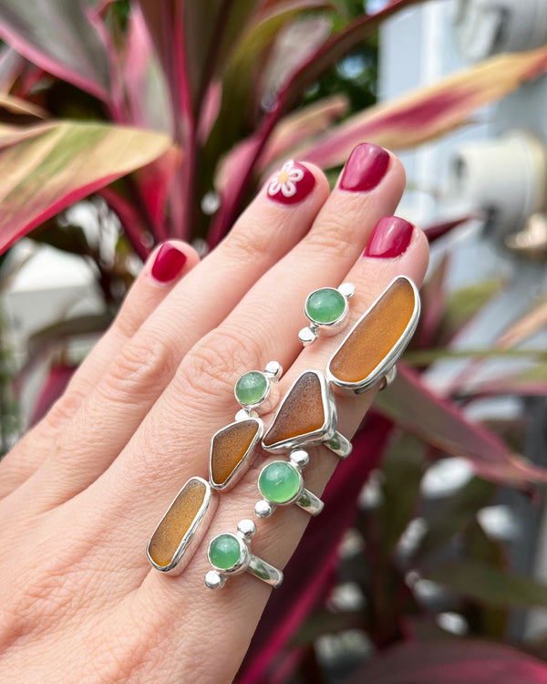 chrysoprase + amber sea glass rings in sterling silver
