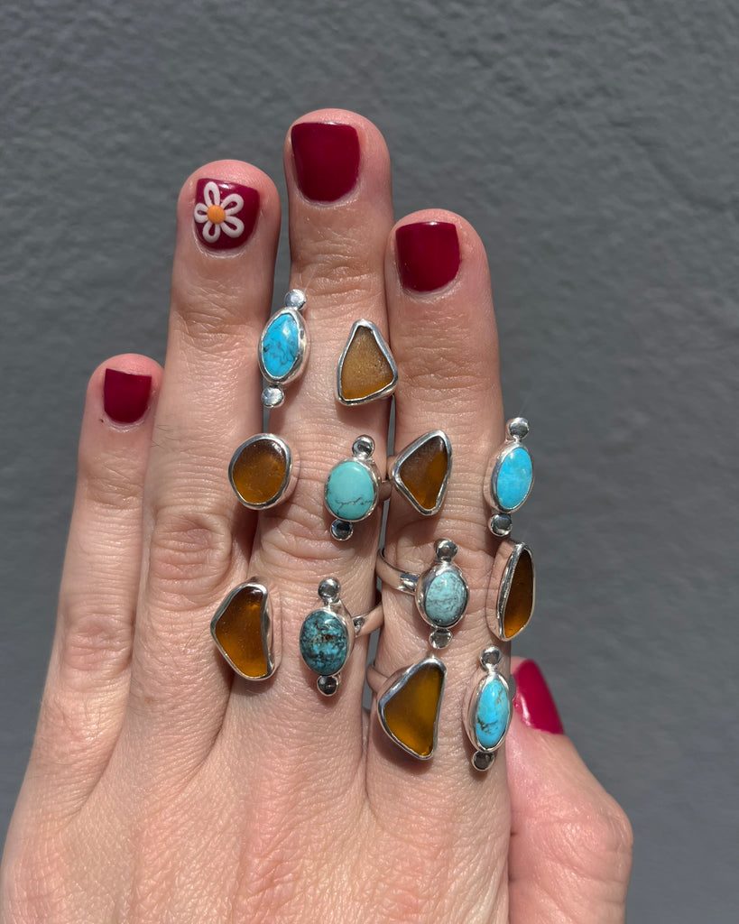 turquoise + amber sea glass rings in sterling silver