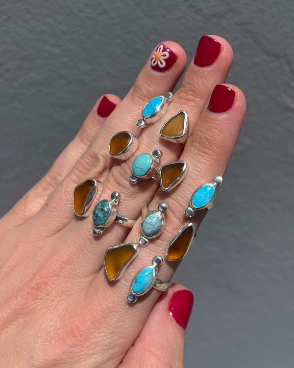 turquoise + amber sea glass rings in sterling silver