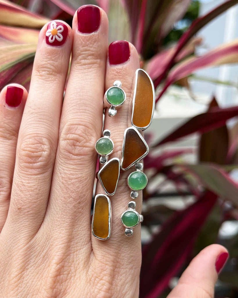 chrysoprase + amber sea glass rings in sterling silver