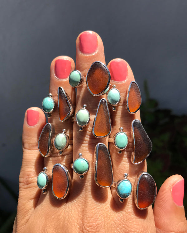 turquoise and amber sea glass ring