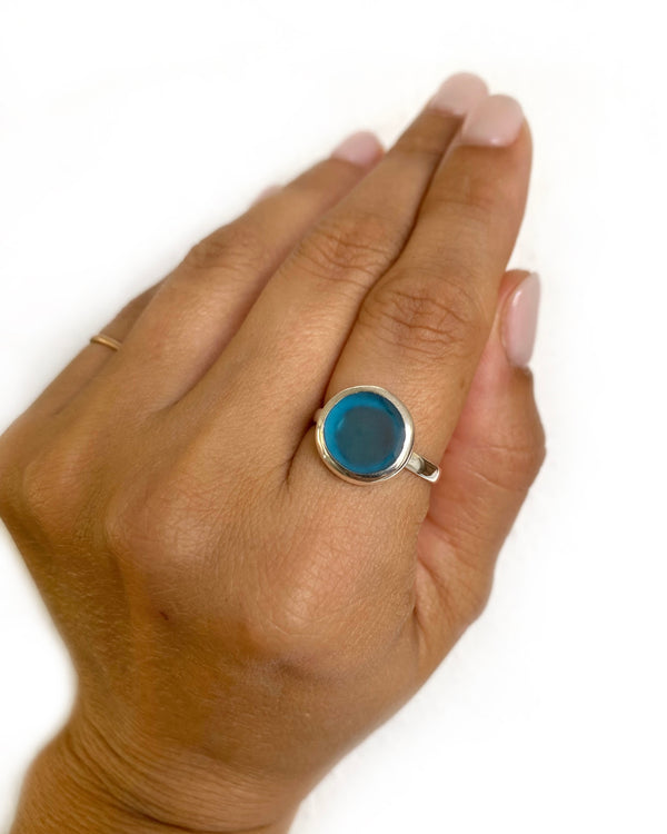round blue sea glass ring in sterling silver, size 7.5