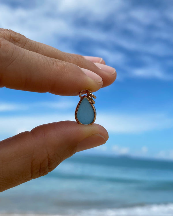 aquamarine blue sea glass drop in gold
