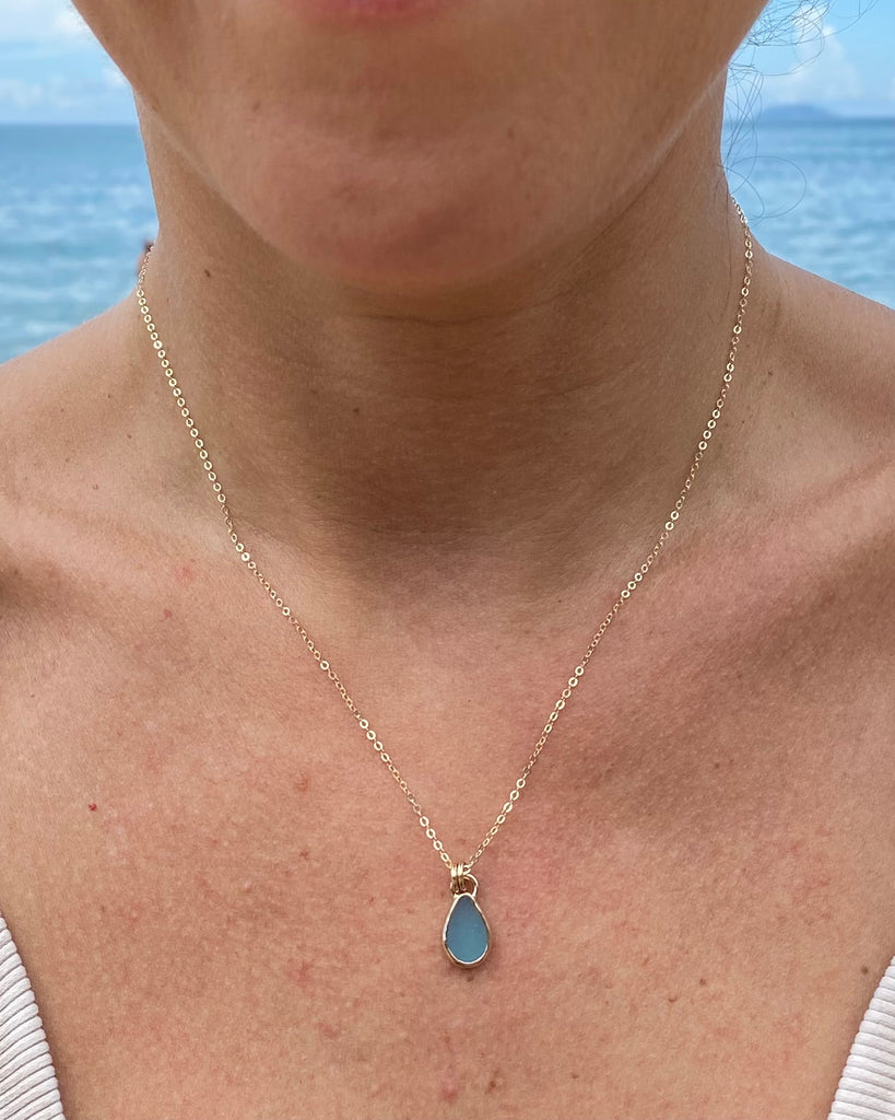 aquamarine blue sea glass drop in gold