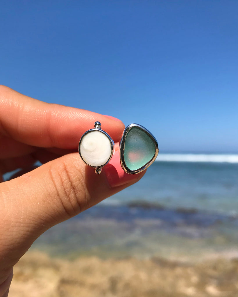 light aqua sea glass + shiva shell ring in silver, size 6