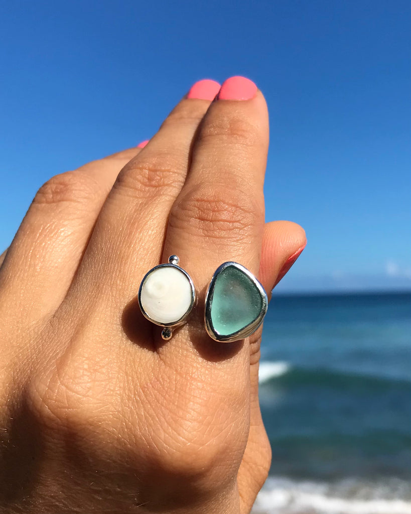 light aqua sea glass shiva shell ring in silver size 6