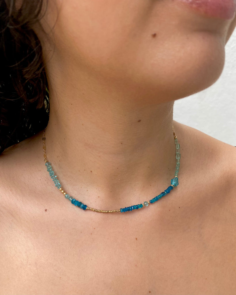Blue Hue Beaded Necklace on Gold Chain