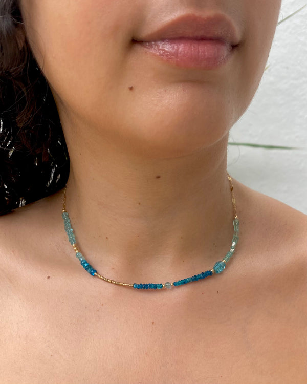 Blue Hue Beaded Necklace on Gold Chain