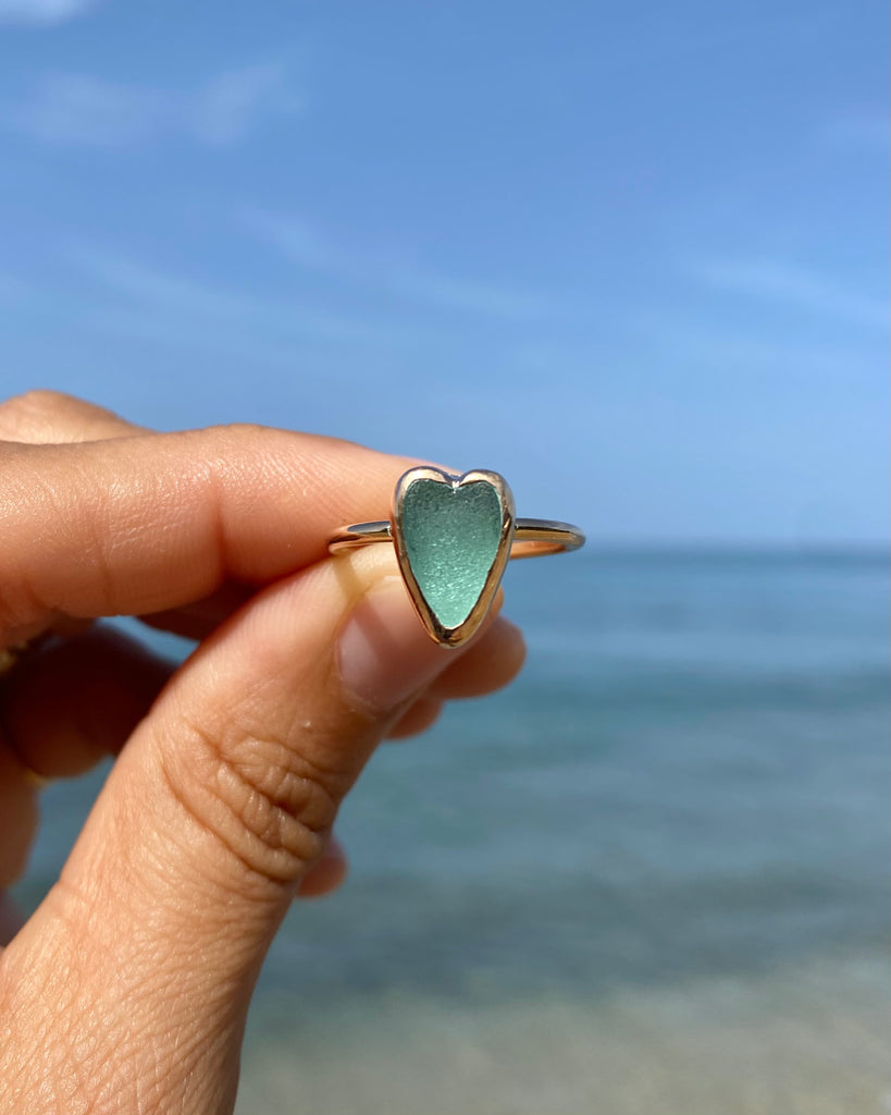 Aqua Blue Sea Glass Heart Ring in Gold, Size 7