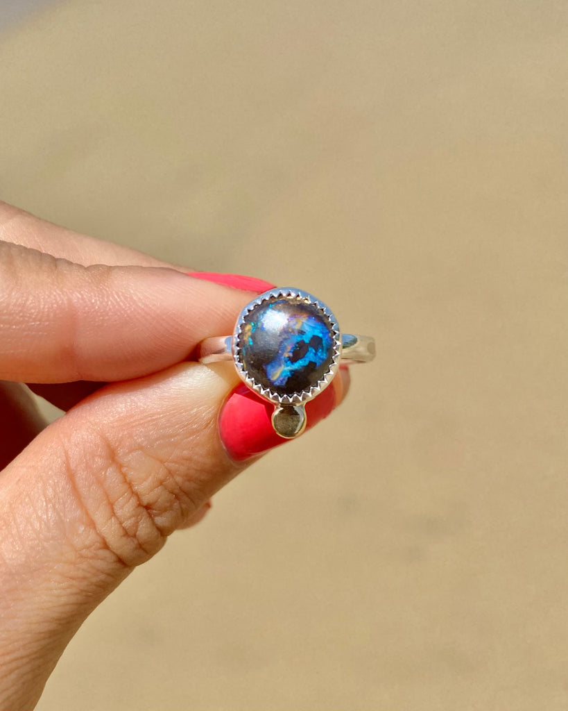 boulder opal ring in mixed metals, size 7