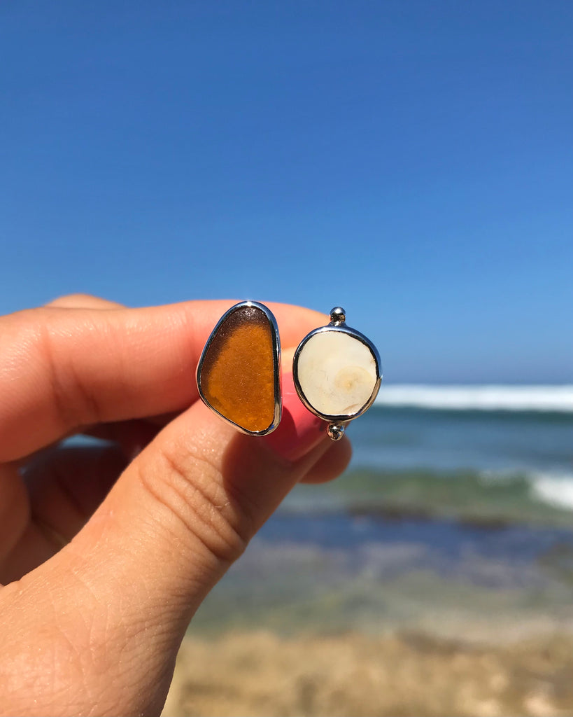 amber brown sea glass + shiva shell ring in silver, size 7