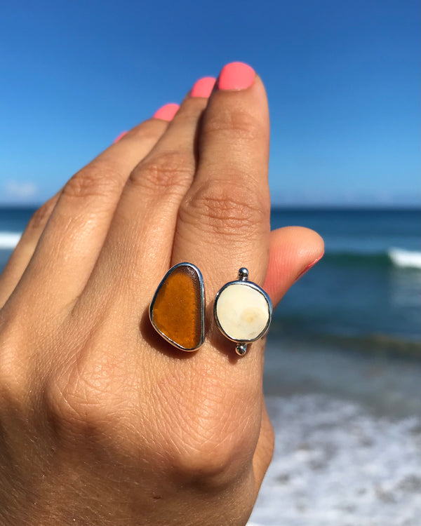 amber brown sea glass + shiva shell ring in silver, size 7