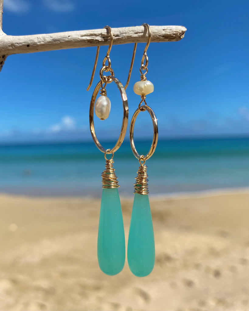 blue chalcedony + pearl earrings on mismatched gold hoops