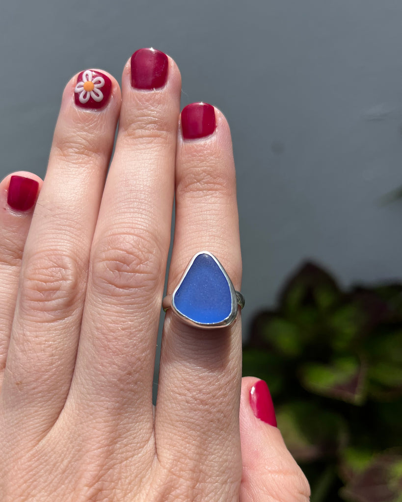 cornflower blue sea glass ring in sterling silver, size 5 3/4