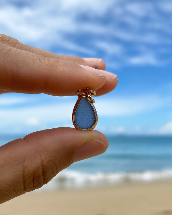 cornflower blue sea glass drop in gold