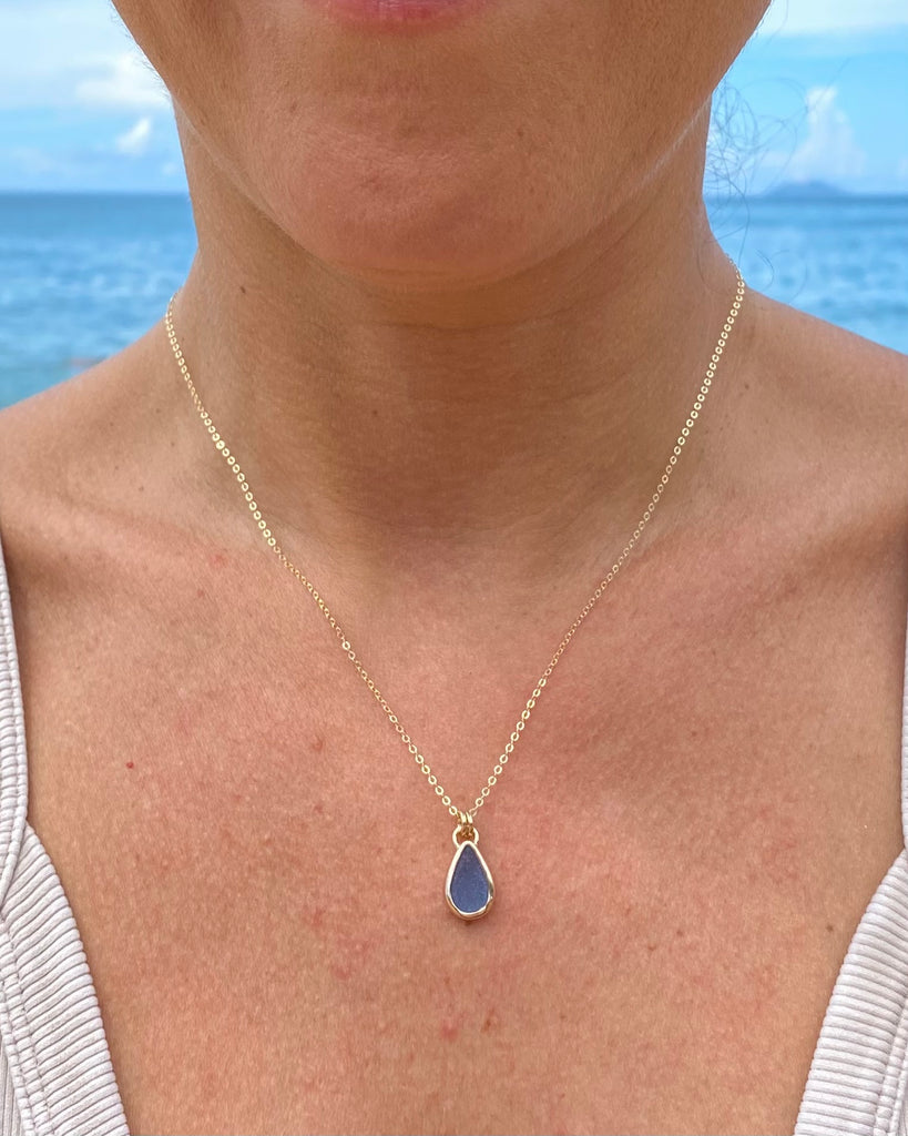 cornflower blue sea glass drop in gold