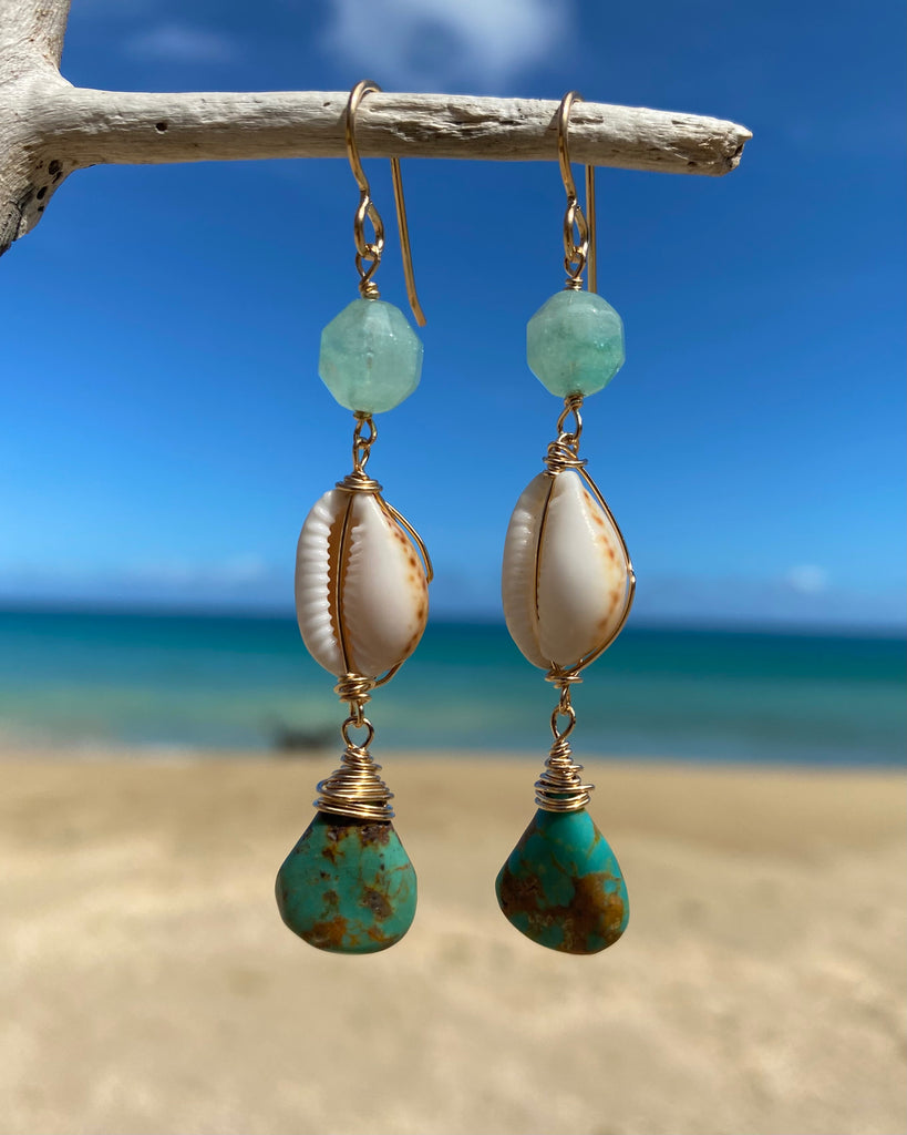 cowrie shell & gemstone drop earrings