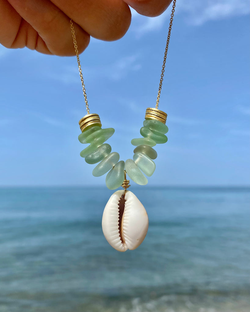 Cowrie Shell & Sea Glass Necklace in Gold