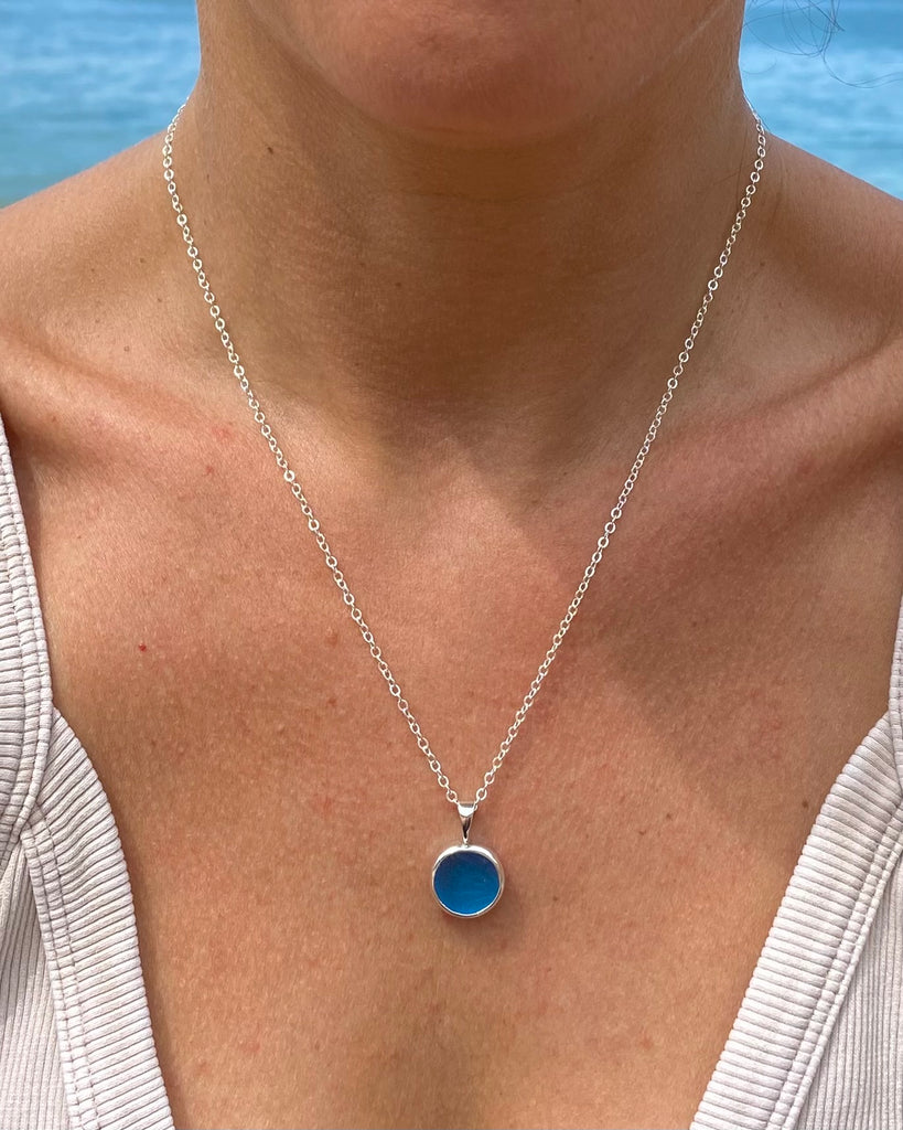 patterned electric blue sea glass moon