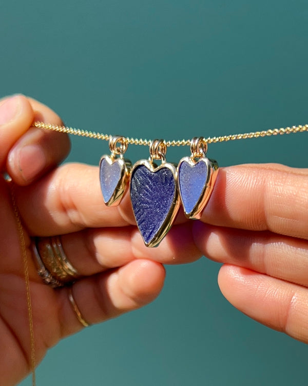 Blue Sea Glass Heart Pendants in 14k Gold Filled