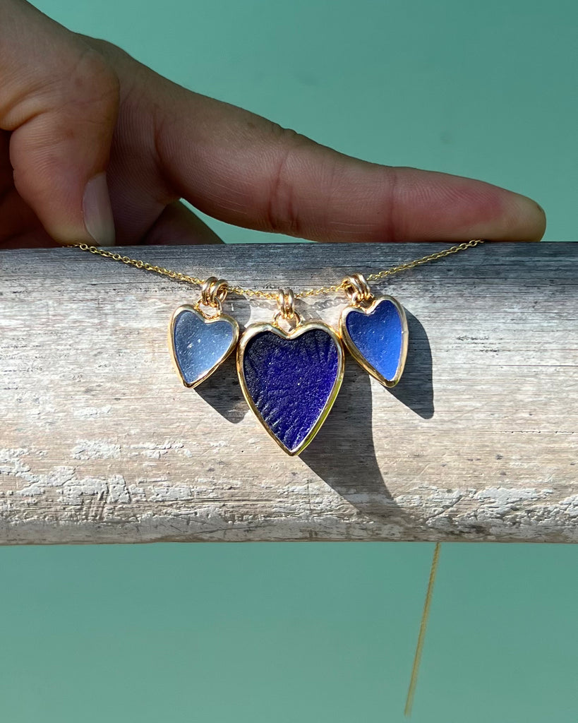 Blue Sea Glass Heart Pendants in 14k Gold Filled
