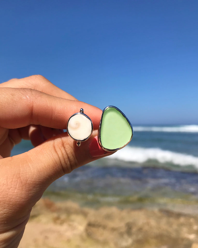 light green sea glass + shiva shell ring in silver, size 6.5