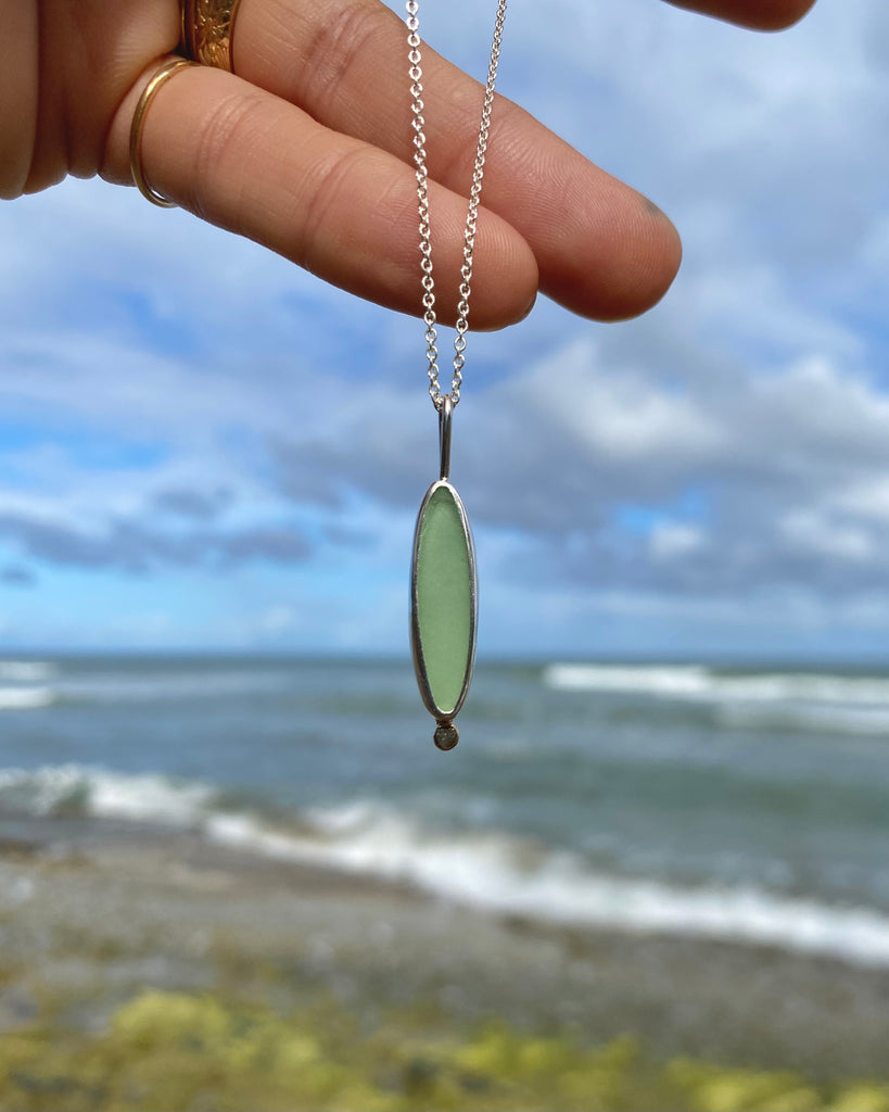 sea foam green sea glass in silver + 14K gold detail