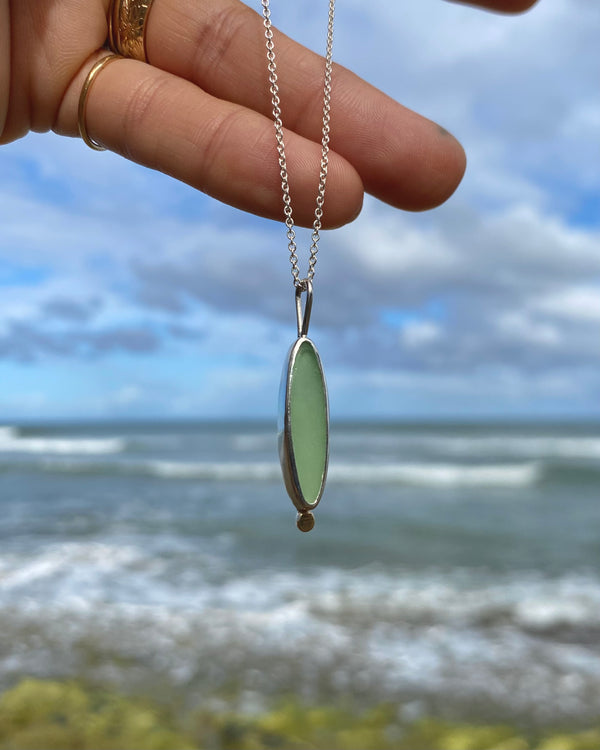 sea foam green sea glass in silver + 14K gold detail