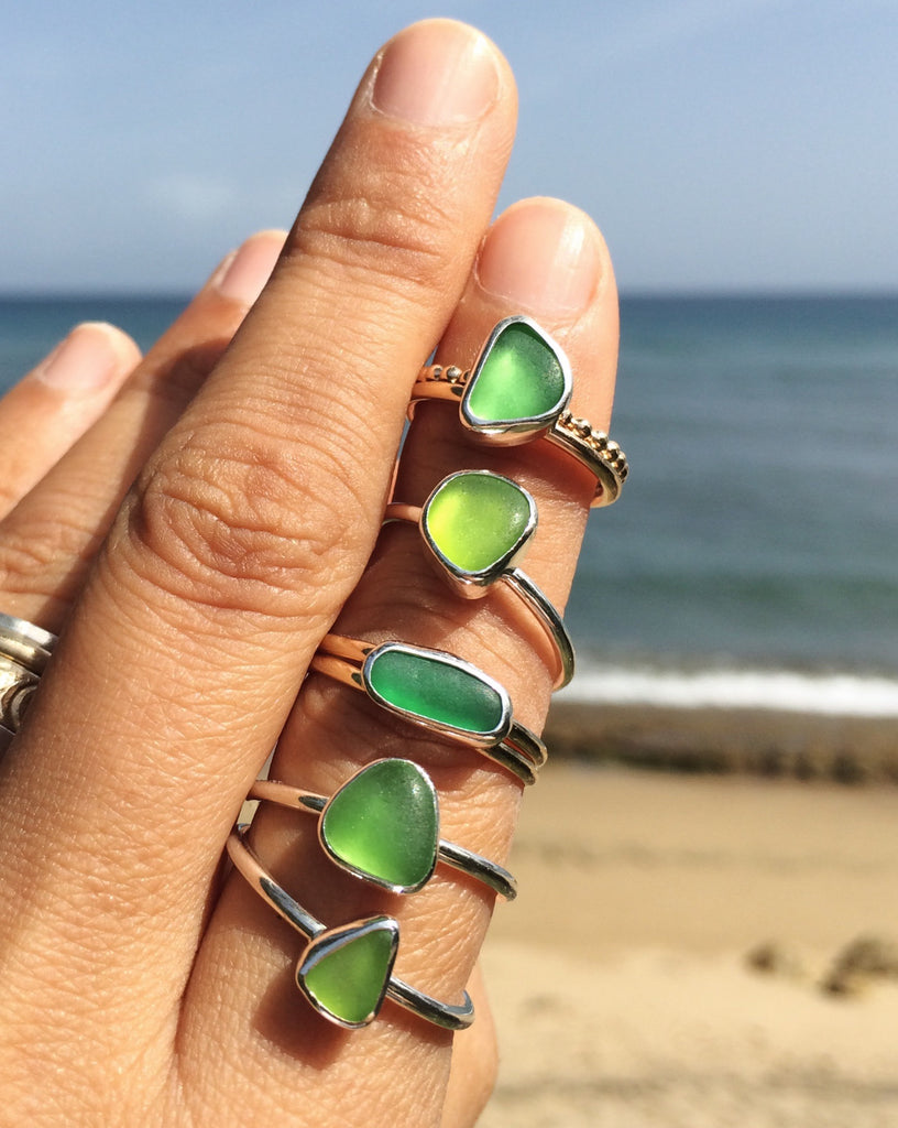 Dainty Sea Glass Stacking Rings in Shades of Green