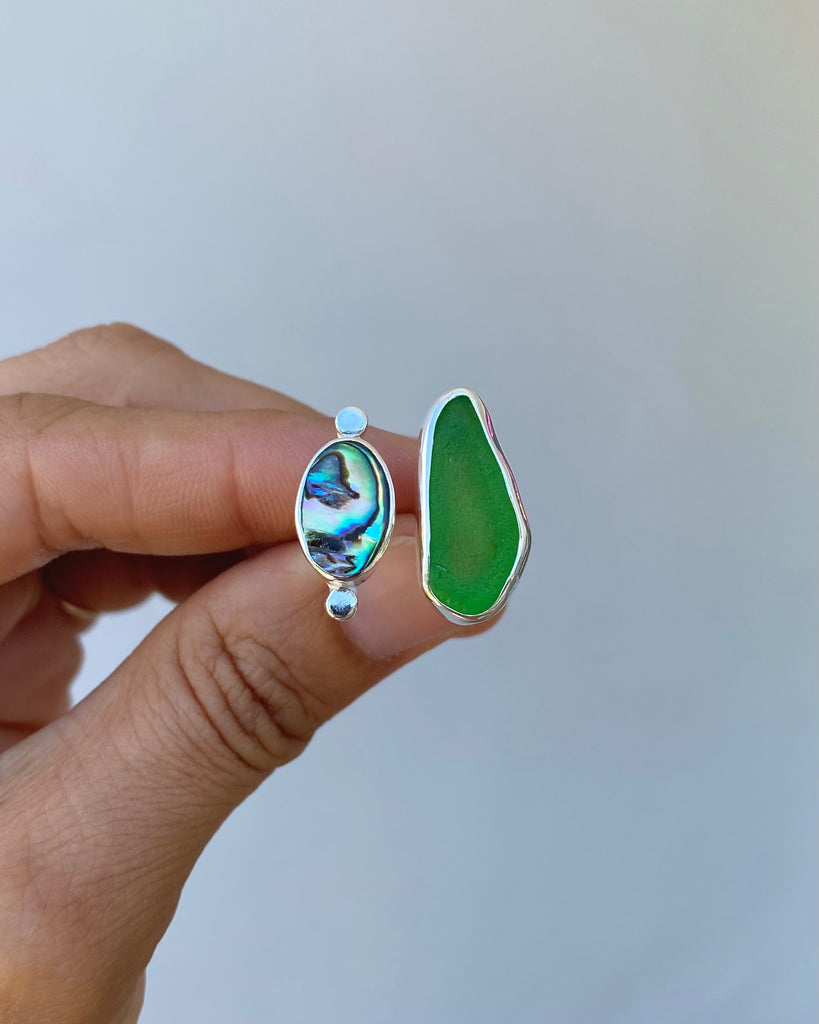 abalone + sea glass rings in sterling silver, adjustable