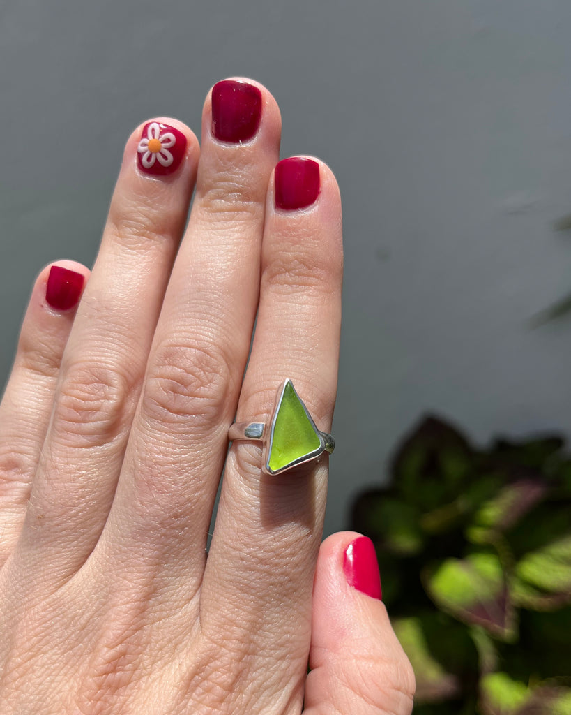 yellow green sea glass ring in sterling silver, size 5 3/4