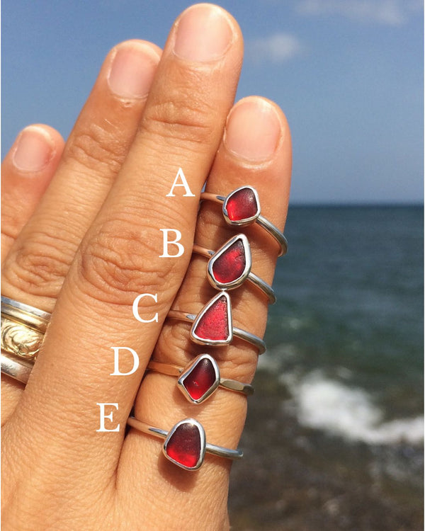Dainty Dark Red Sea Glass Stacking Rings