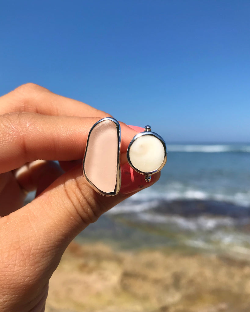 peach pink sea glass + shiva shell ring in silver, size 6