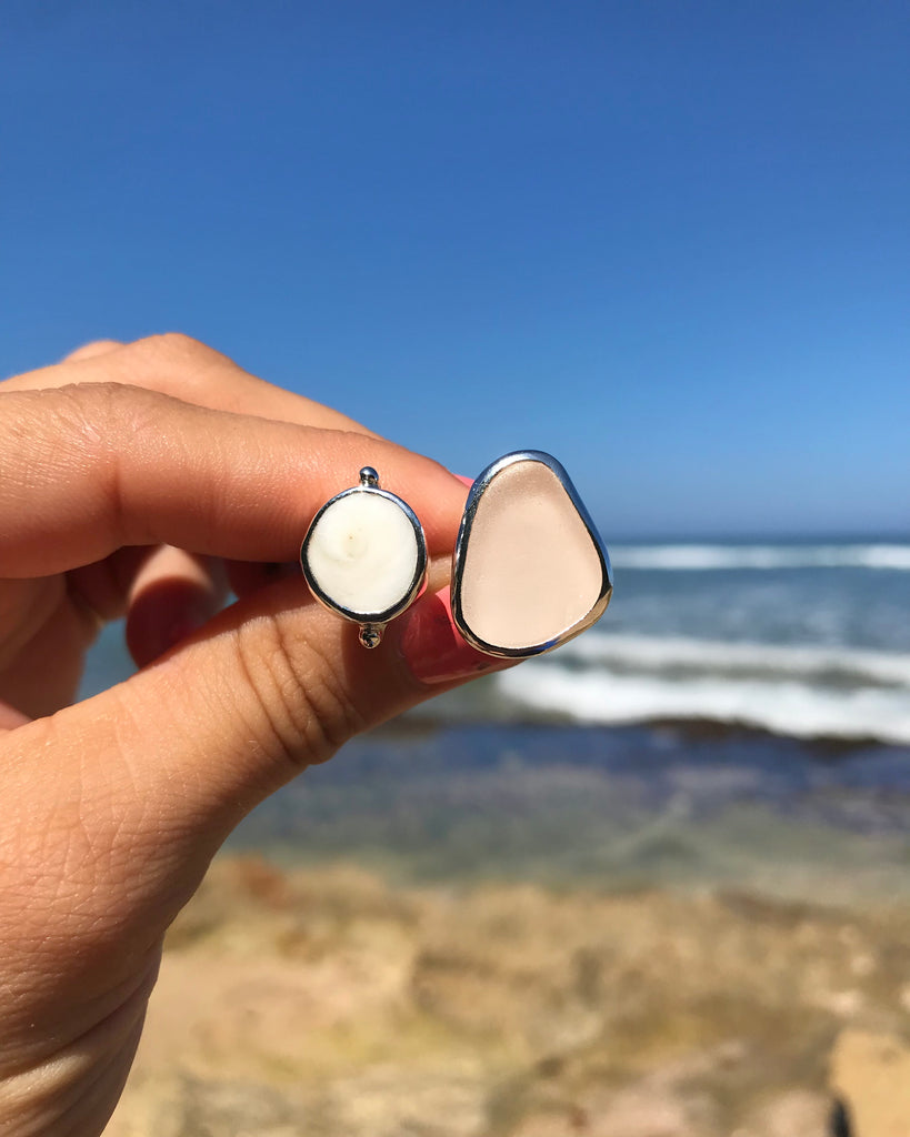 peach pink sea glass + shiva shell ring in silver, size 6.5