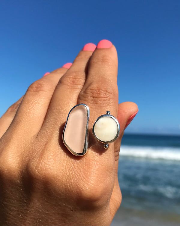 peach pink sea glass + shiva shell ring in silver, size 6