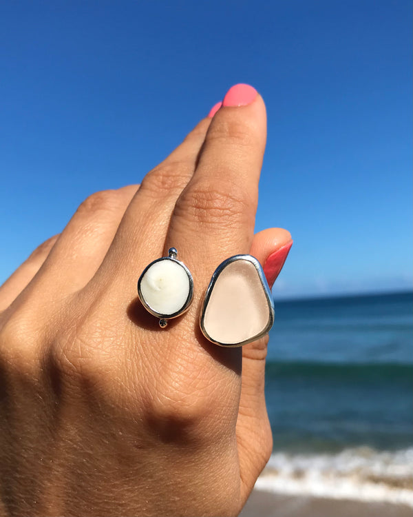 peach pink sea glass + shiva shell ring in silver, size 6.5