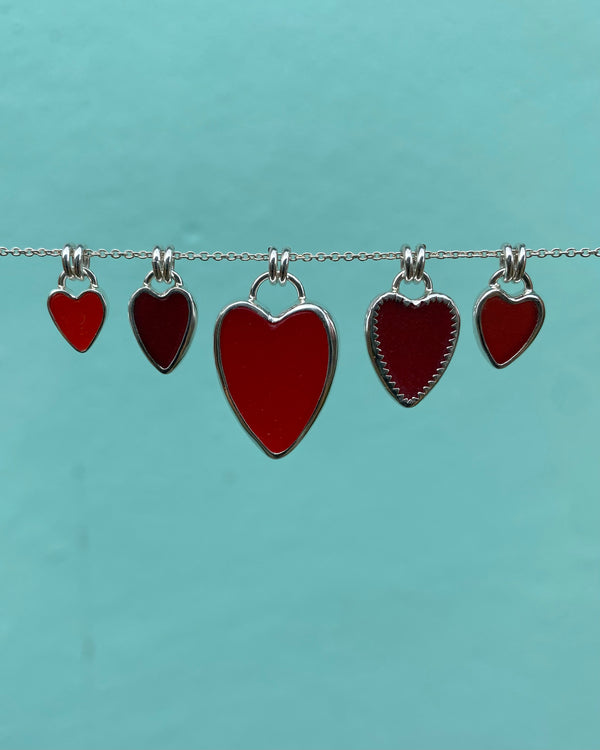 Rare Red Sea Glass Heart Necklaces in Silver