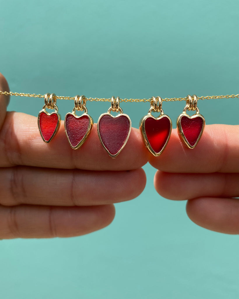 Rare Red Sea Glass Heart Necklaces in Gold