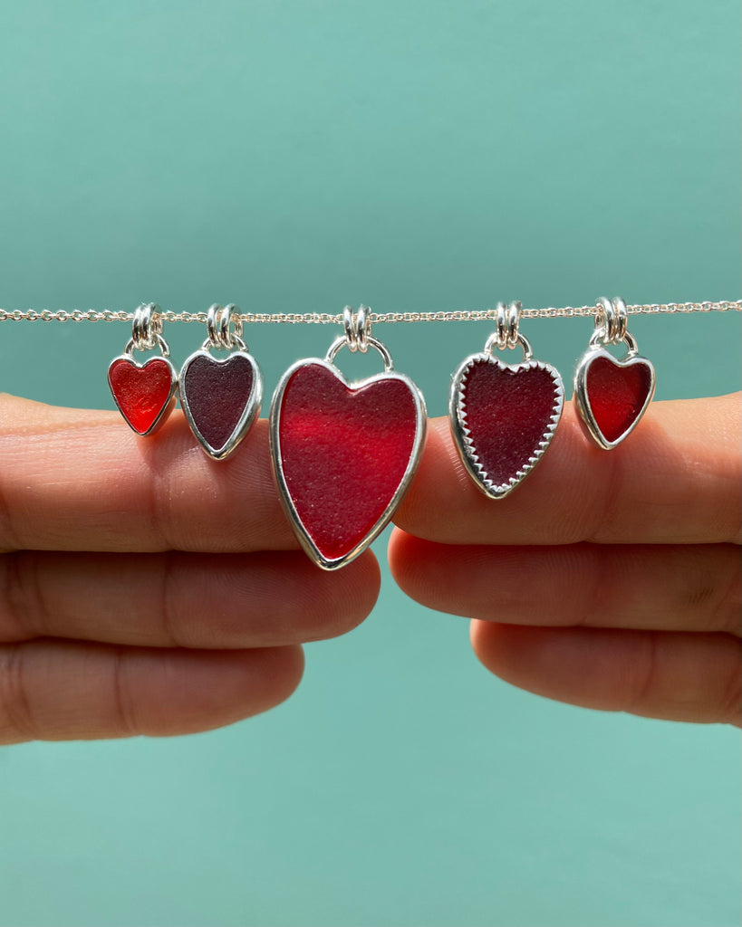 Rare Red Sea Glass Heart Necklaces in Silver