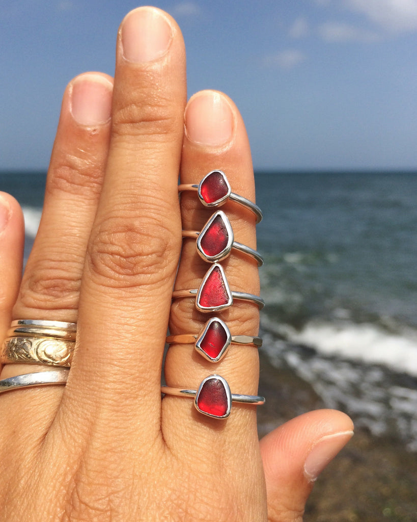 Dainty Dark Red Sea Glass Stacking Rings