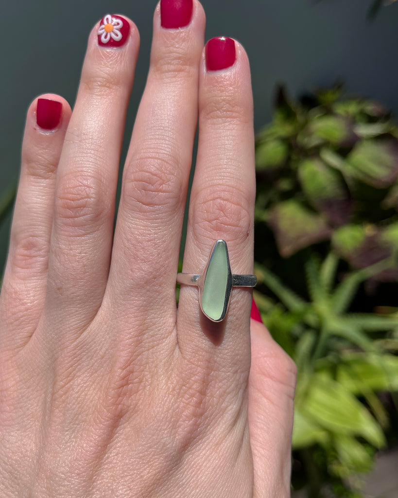 sea foam green sea glass ring in sterling silver, size 8 3/4