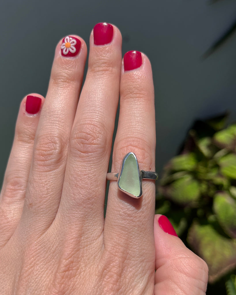 sea foam green sea glass ring in sterling silver, size 7 3/4