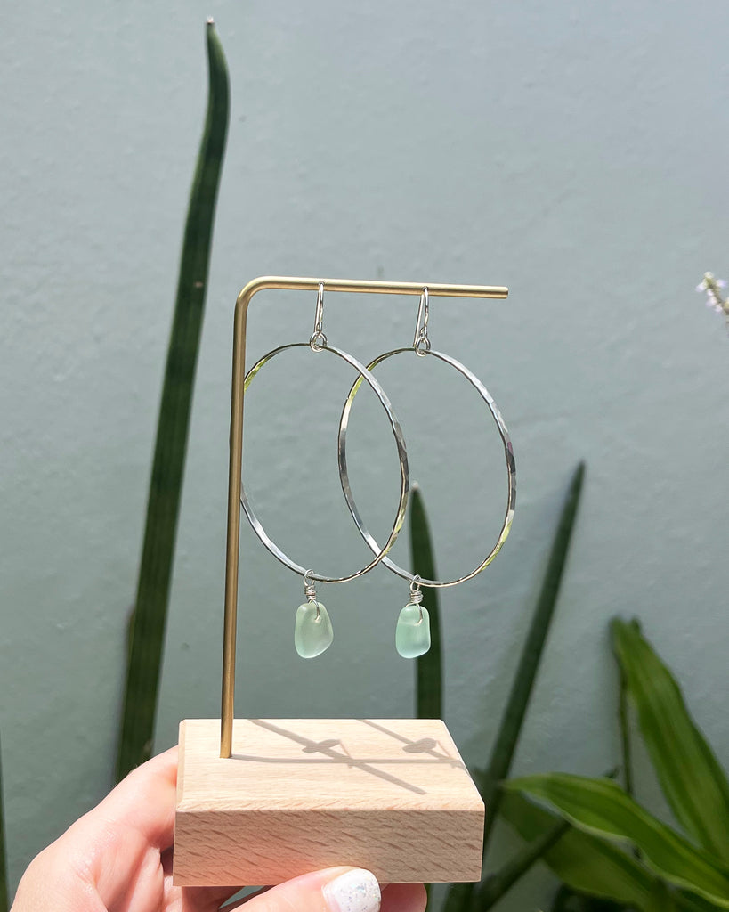 Pale teal seaglass on large sterling silver hoops