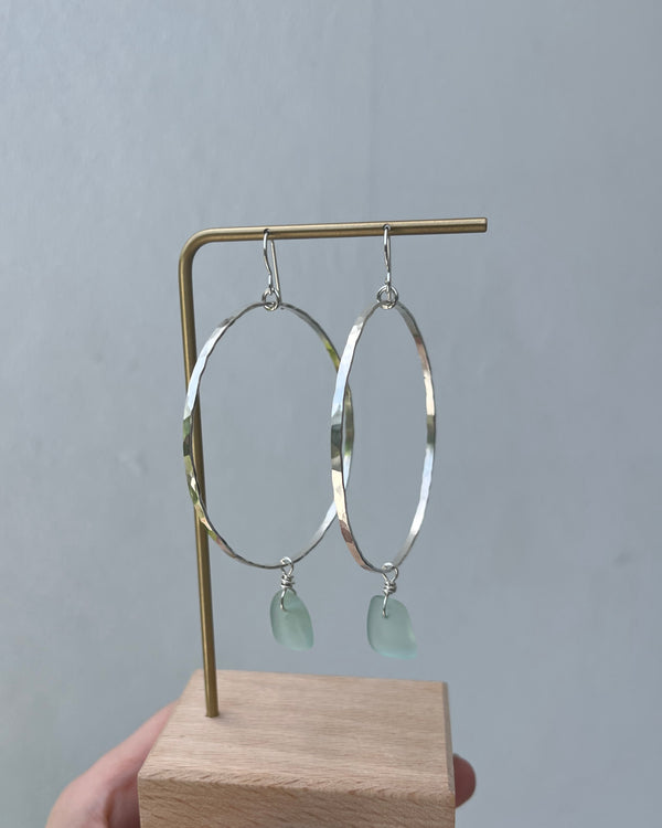 Pale teal seaglass on large sterling silver hoops