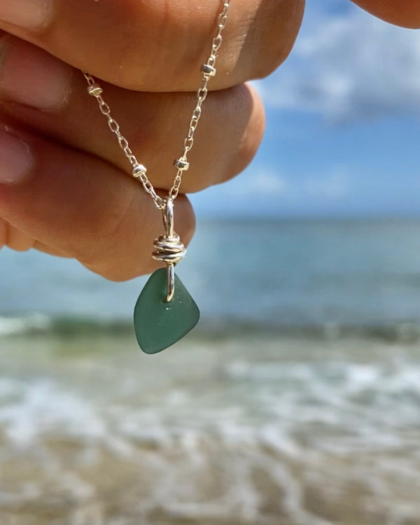 Dark Teal Green Sea Glass Necklace in Sterling Silver