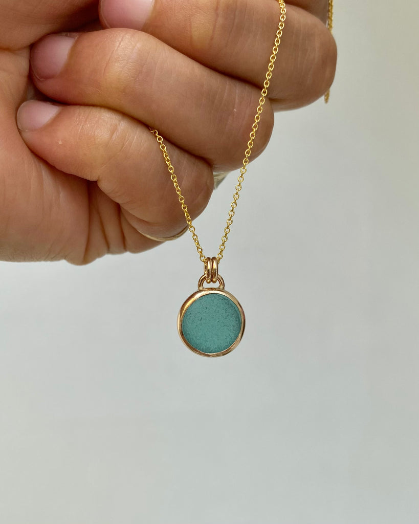 Dark Teal Green Sea Glass Necklace in Gold